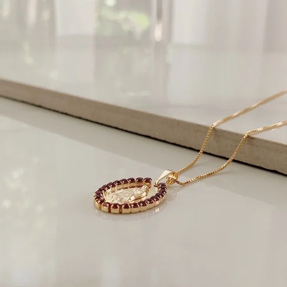 Virgin Mary Garnet Necklace | 18k Gold Filled - Picture 3 of 6